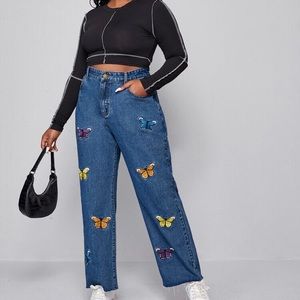 Plus size, butterfly patch jeans